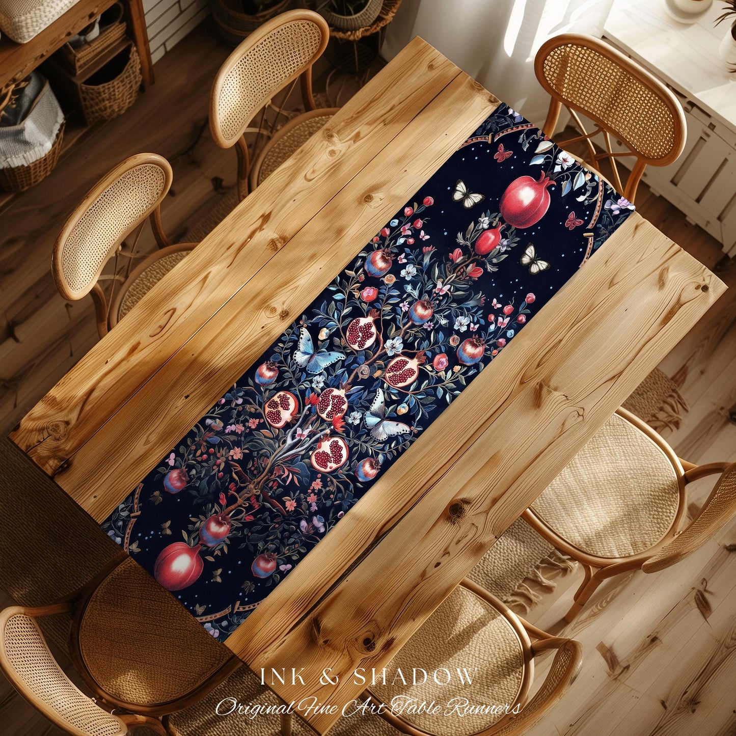 Moody Dark Botanical Pomegranate Art Table Runner Victorian Nouveau Butterfly Aesthetic, Mystic Woodland Whimsigoth Enchanted Forest Florals