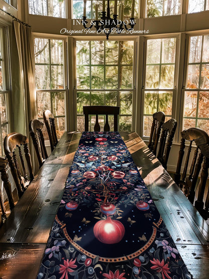 Moody Dark Botanical Pomegranate Art Table Runner Victorian Nouveau Butterfly Aesthetic, Mystic Woodland Whimsigoth Enchanted Forest Florals