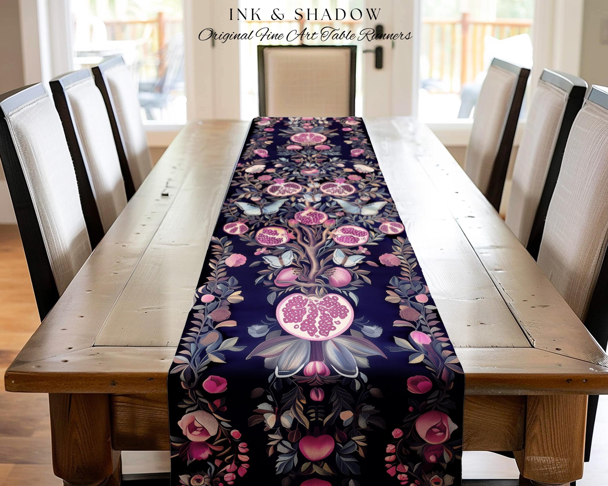 Whimsical Pomegranate Blanket Enchanted Woodland Table Runner | Dark Academia Vintage Floral Aesthetic Butterfly Dining Room Ethereal Home |