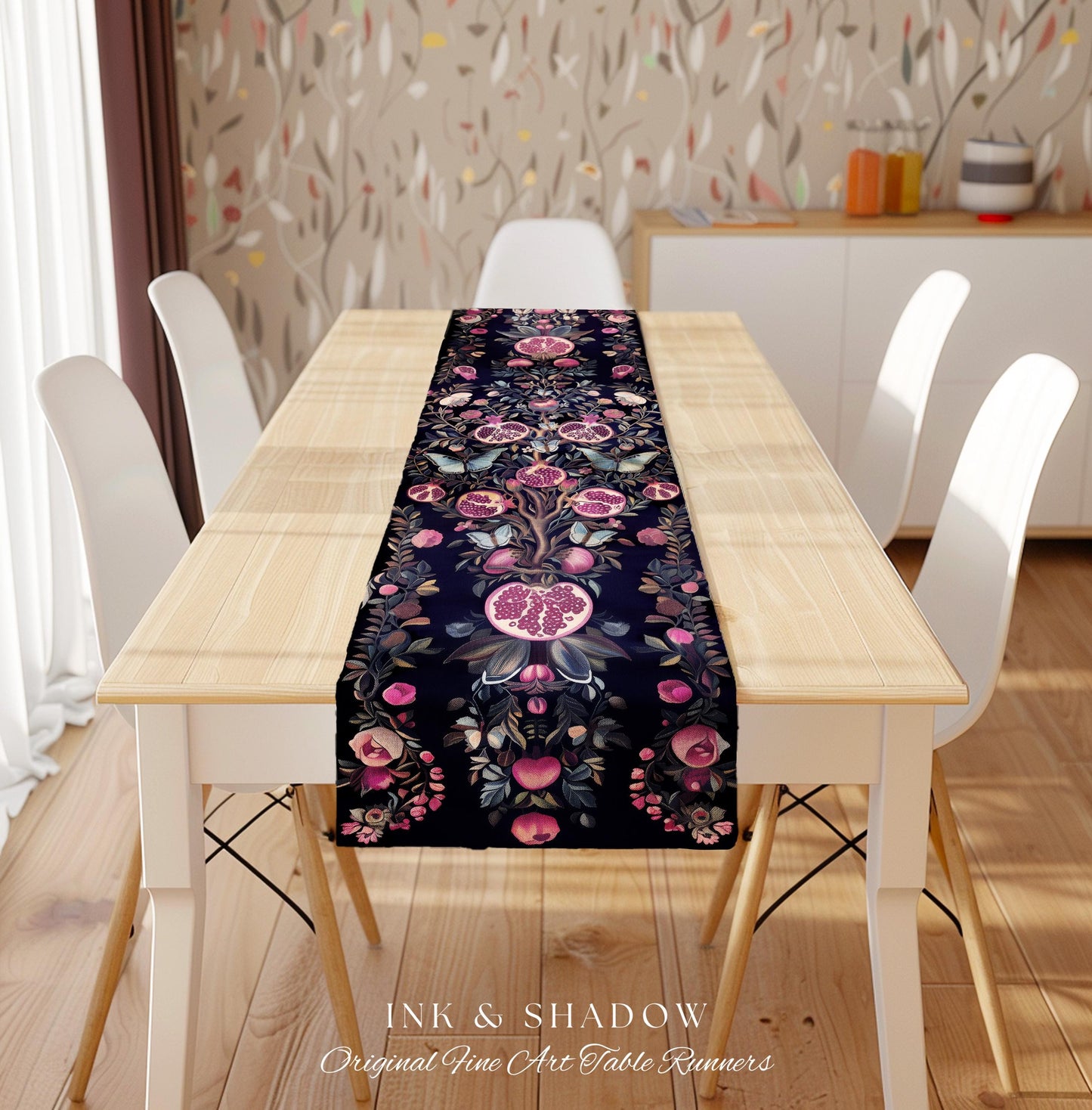 Whimsical Pomegranate Blanket Enchanted Woodland Table Runner | Dark Academia Vintage Floral Aesthetic Butterfly Dining Room Ethereal Home |
