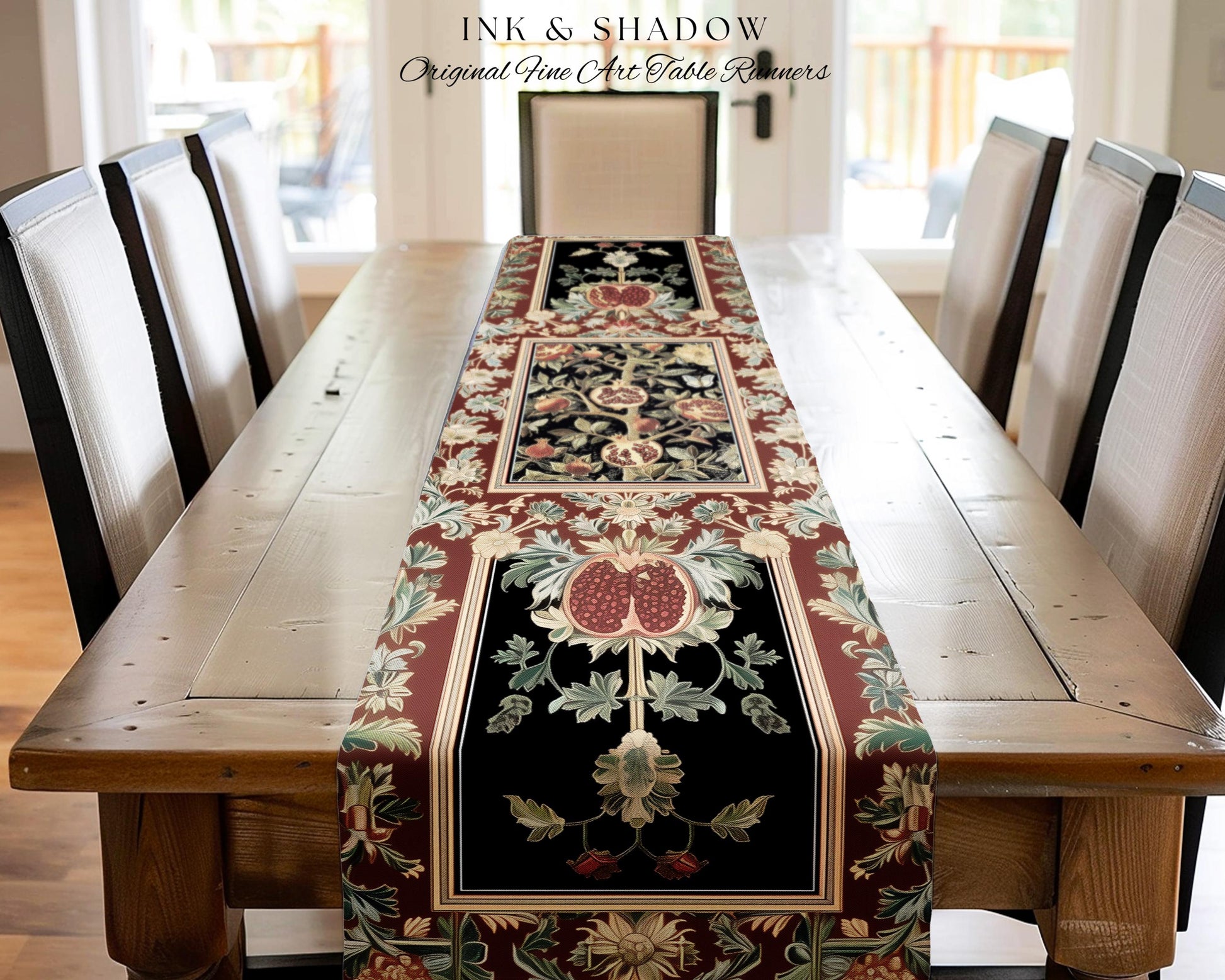 Floral Whimsigoth Vintage Pomegranate Art Nature Table Runner Cottagegoth Botanical Baroque Elegance, Medieval Style Forestcore Dining Room