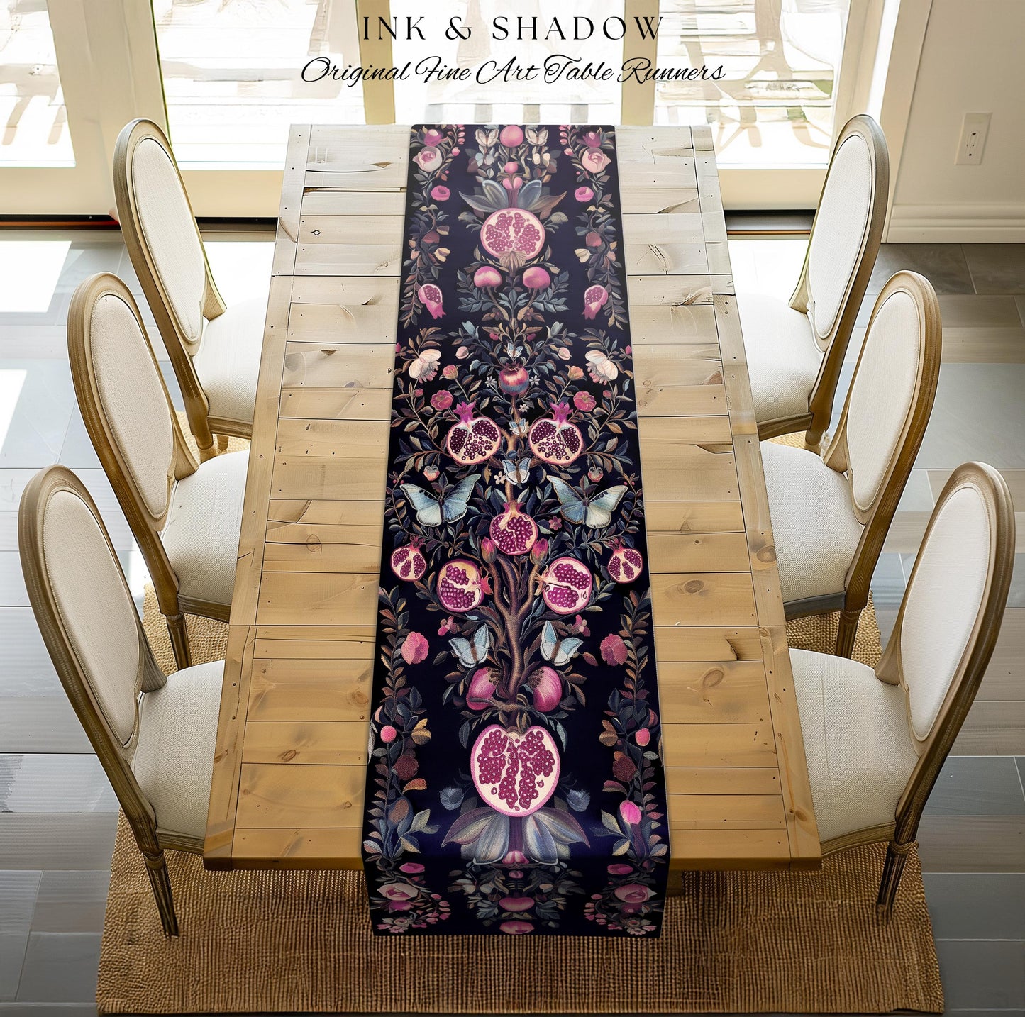 Whimsical Pomegranate Blanket Enchanted Woodland Table Runner | Dark Academia Vintage Floral Aesthetic Butterfly Dining Room Ethereal Home |