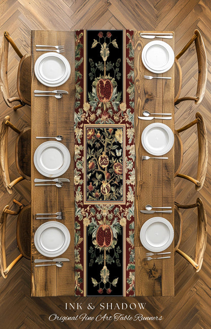 Floral Whimsigoth Vintage Pomegranate Art Nature Table Runner Cottagegoth Botanical Baroque Elegance, Medieval Style Forestcore Dining Room