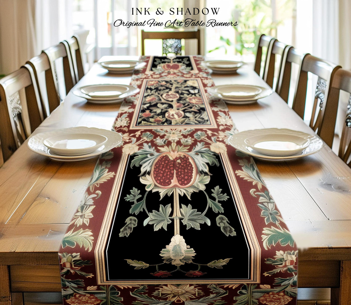 Floral Whimsigoth Vintage Pomegranate Art Nature Table Runner Cottagegoth Botanical Baroque Elegance, Medieval Style Forestcore Dining Room