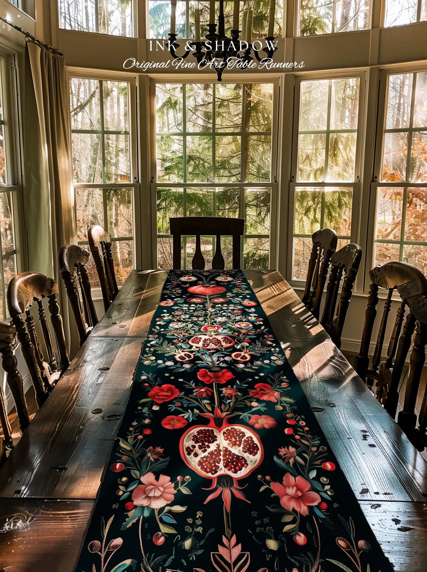 Fairycore Pomegranate Table Runner Enchanted Woodland | Whimsical Cottagecore Butterfly Moth Vintage Aesthetic Dark Floral Dining Room Decor