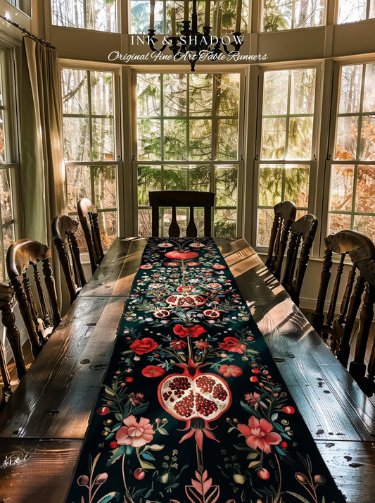 Fairycore Pomegranate Table Runner Enchanted Woodland | Whimsical Cottagecore Butterfly Moth Vintage Aesthetic Dark Floral Dining Room Decor
