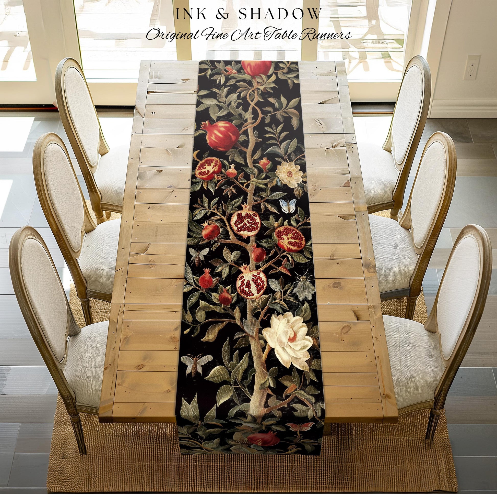 Gothic Pomegranate Decor Mystical Botanical Table Runner | Baroque Inspired Dark Academia Floral Butterfly Fruit Whimsigothic Dining Room |