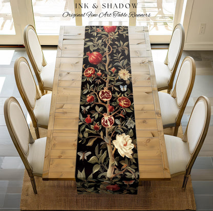 Gothic Pomegranate Decor Mystical Botanical Table Runner | Baroque Inspired Dark Academia Floral Butterfly Fruit Whimsigothic Dining Room |