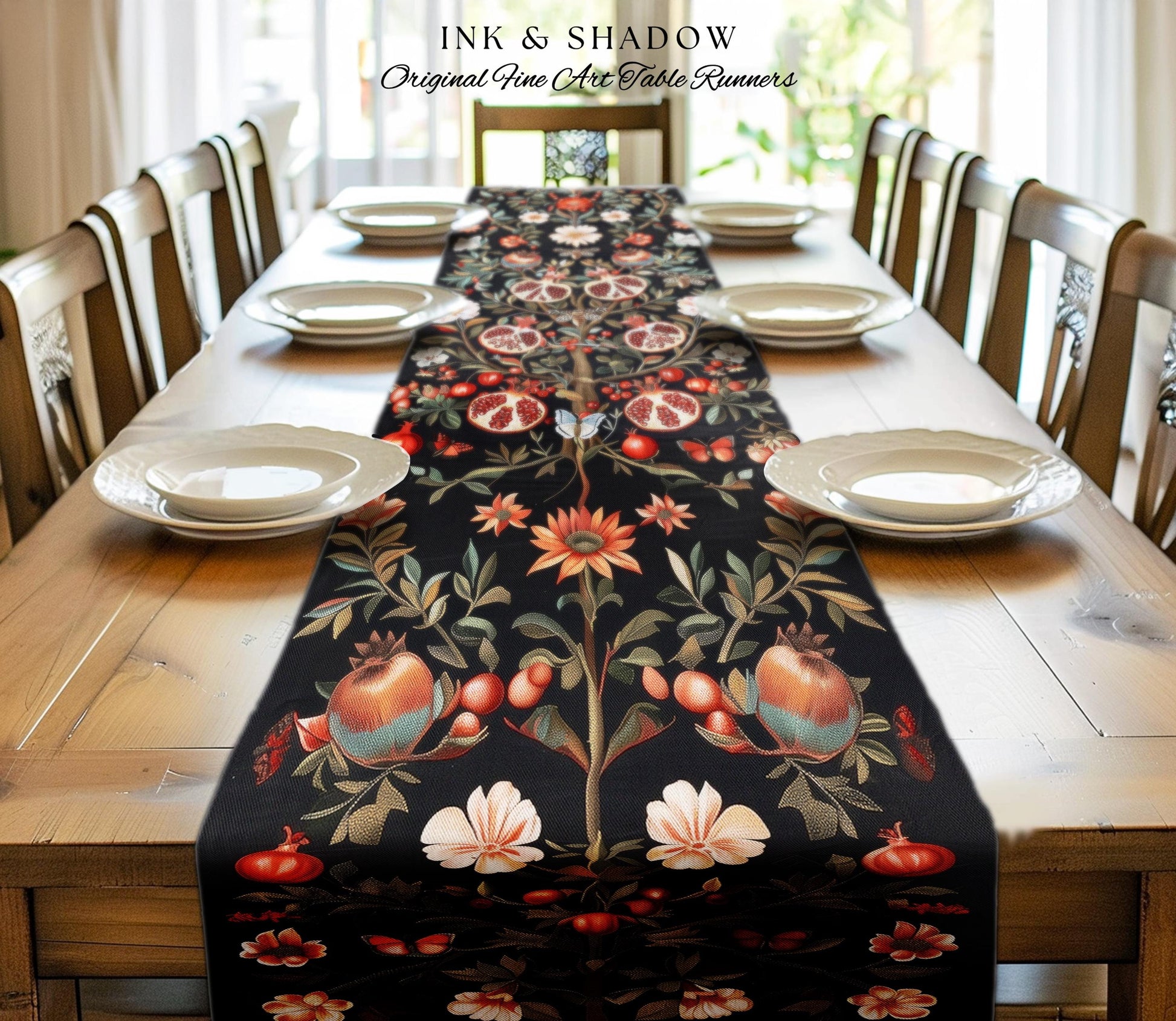 Enchanted Forest Pomegranate Table Runner Woodland Botanical Forestcore Decor | Nature Inspired Victorian Gothic Dark Cottagecore Aesthetic