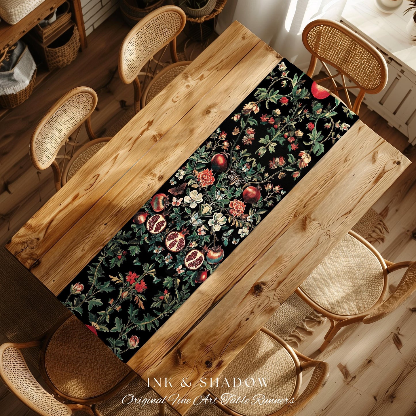Ethereal Pomegranate Blanket Enchanted Botanical Table Runner | Baroque Inspired Dark Academia Butterfly Moth Gothic Floral Fruit Decor Boho