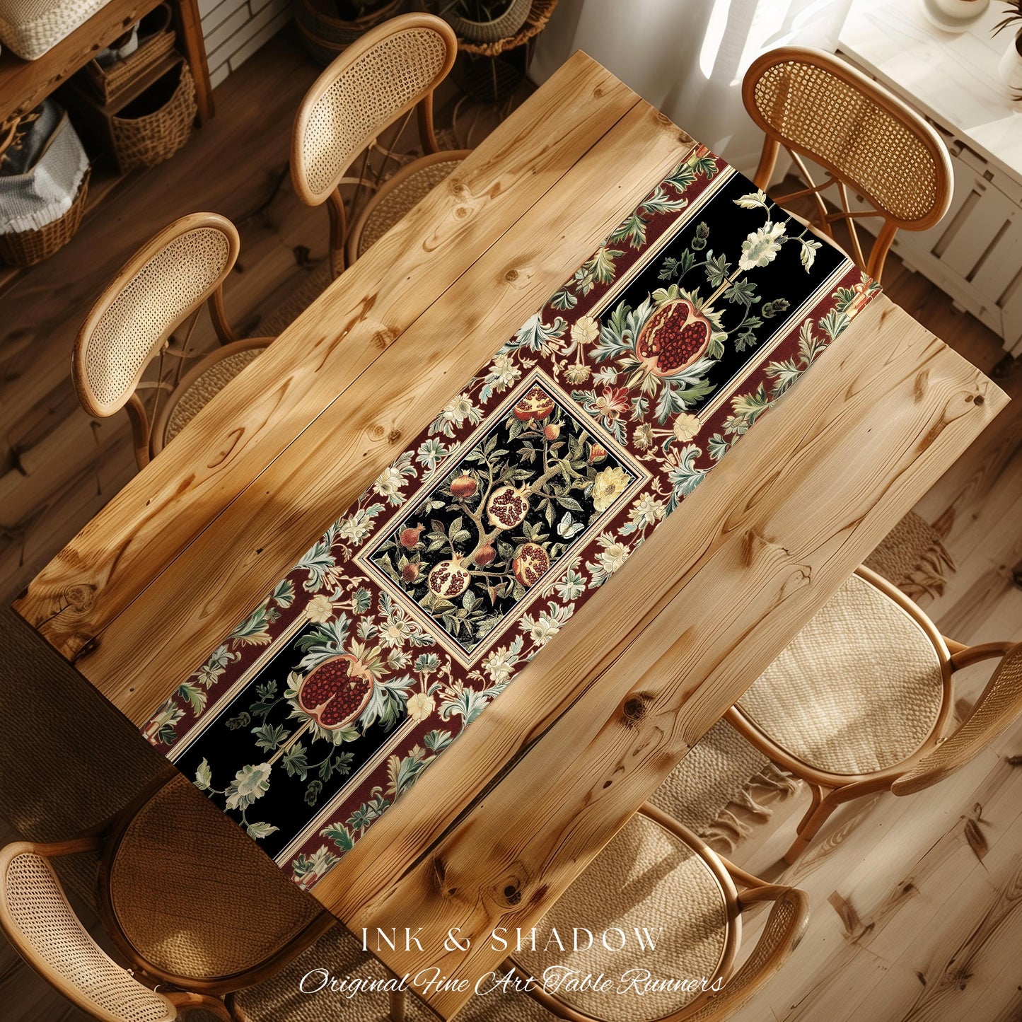 Floral Whimsigoth Vintage Pomegranate Art Nature Table Runner Cottagegoth Botanical Baroque Elegance, Medieval Style Forestcore Dining Room