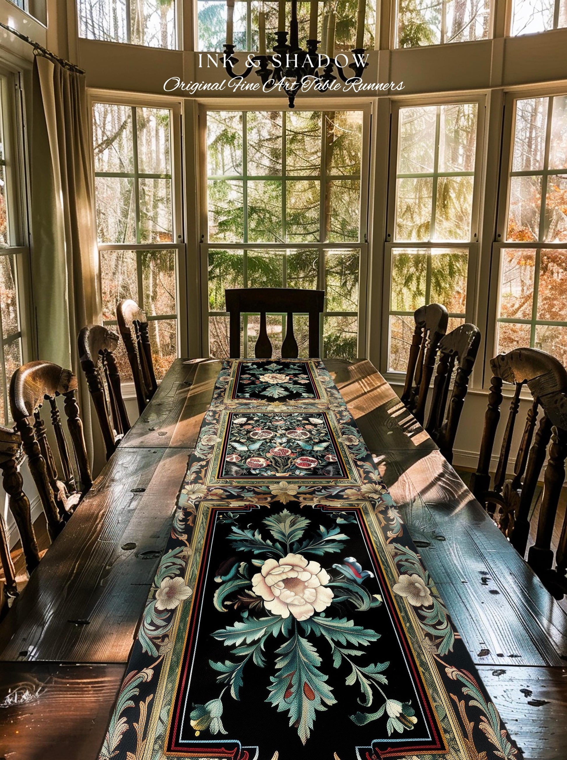 Baroque Botanical Pomegranate Butterfly Table Runner Nature Inspired Fairy Forestcore Art, Floral Victorian Gothic Woodland Whimsy Aesthetic