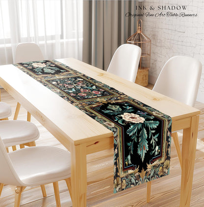 Baroque Botanical Pomegranate Butterfly Table Runner Nature Inspired Fairy Forestcore Art, Floral Victorian Gothic Woodland Whimsy Aesthetic