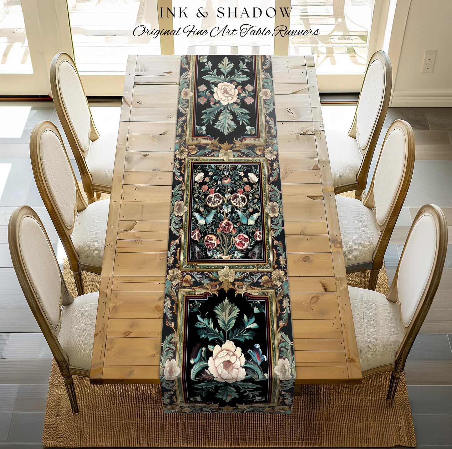 Baroque Botanical Pomegranate Butterfly Table Runner Nature Inspired Fairy Forestcore Art, Floral Victorian Gothic Woodland Whimsy Aesthetic