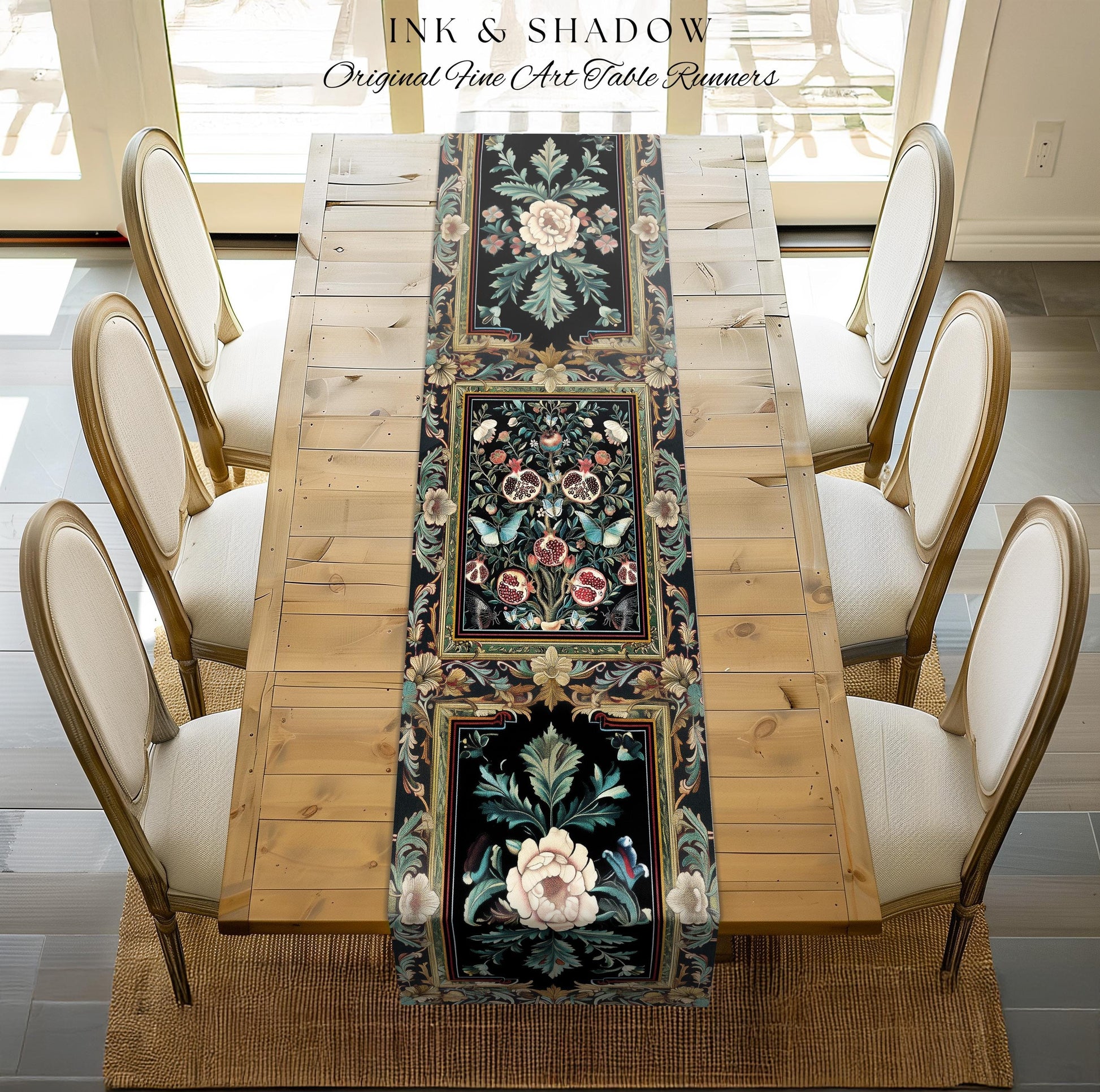 Baroque Botanical Pomegranate Butterfly Table Runner Nature Inspired Fairy Forestcore Art, Floral Victorian Gothic Woodland Whimsy Aesthetic