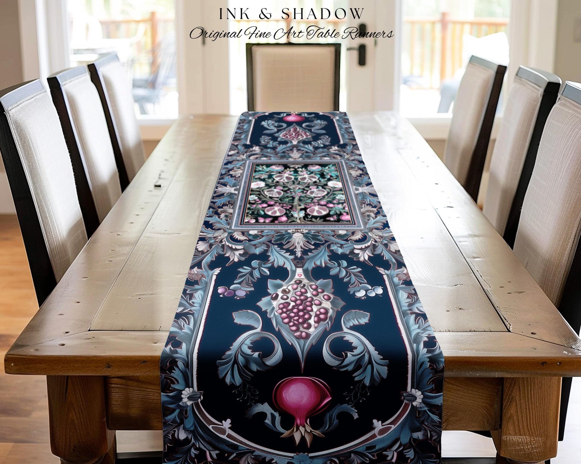 Enchanted Floral Pomegranate Table Runner Whimsigothic Botanical Cottagecore, Dark Academia Decor Indigo Blue Art Nouveau Mantle Accents |