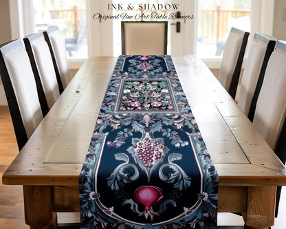 Enchanted Floral Pomegranate Table Runner Whimsigothic Botanical Cottagecore, Dark Academia Decor Indigo Blue Art Nouveau Mantle Accents |