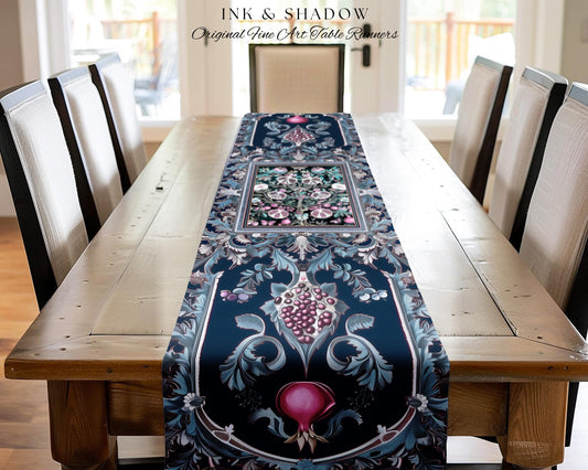 Enchanted Floral Pomegranate Table Runner Whimsigothic Botanical Cottagecore, Dark Academia Decor Indigo Blue Art Nouveau Mantle Accents |