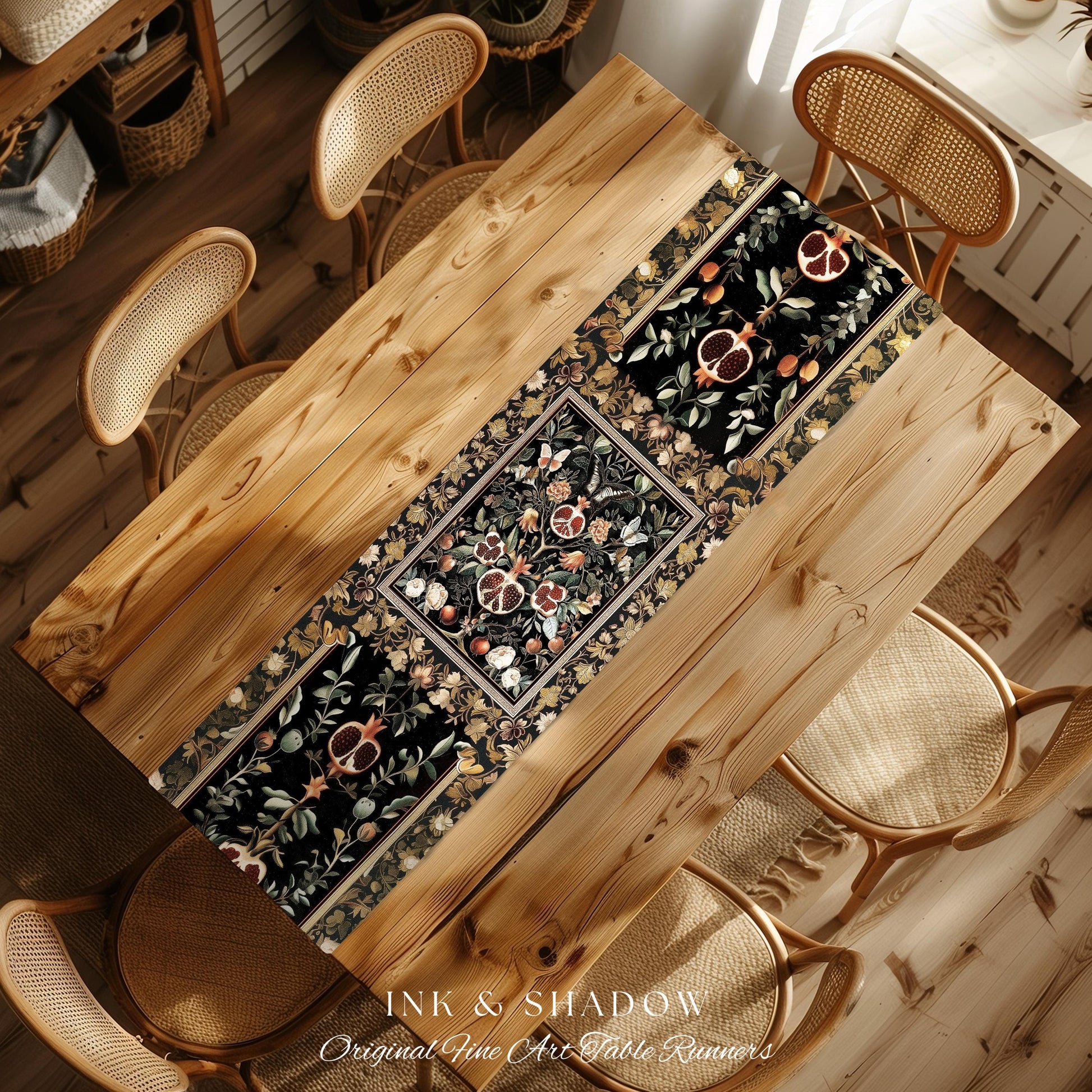 Victorian Gothic Pomegranate Table Runner Dark Botanical Vintage Aesthetic Decor | Enchanted Forest Wildflower Art Butterfly Dining Room |