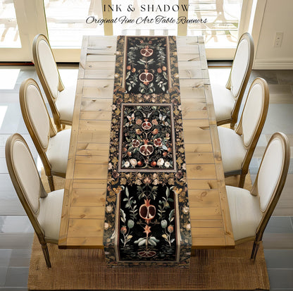 Victorian Gothic Pomegranate Table Runner Dark Botanical Vintage Aesthetic Decor | Enchanted Forest Wildflower Art Butterfly Dining Room |