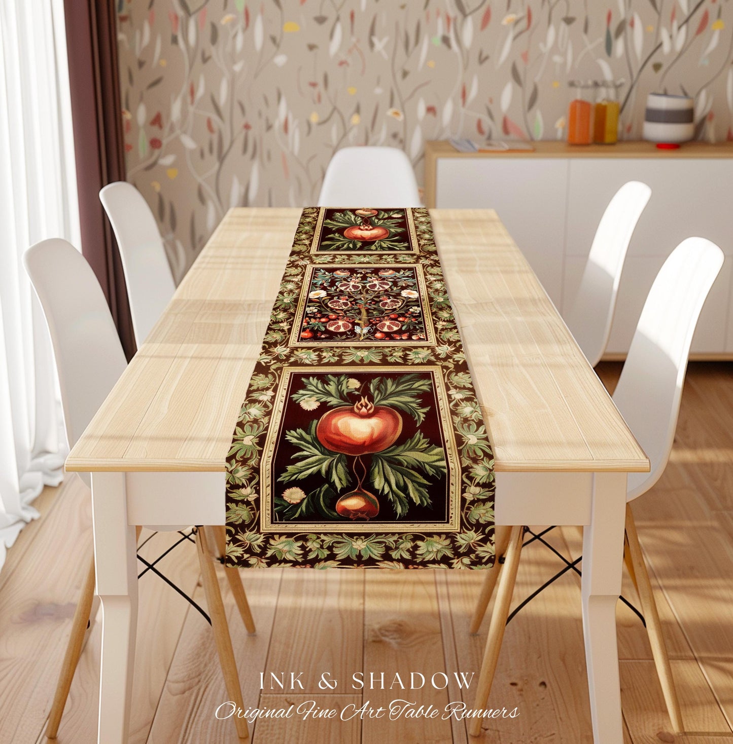 Antique Aesthetic Pomegranate Enchanted Garden Table Runner | Dark Cottagecore Gothic Woodland Whimsy Floral Butterfly Moth Decor Witchy |