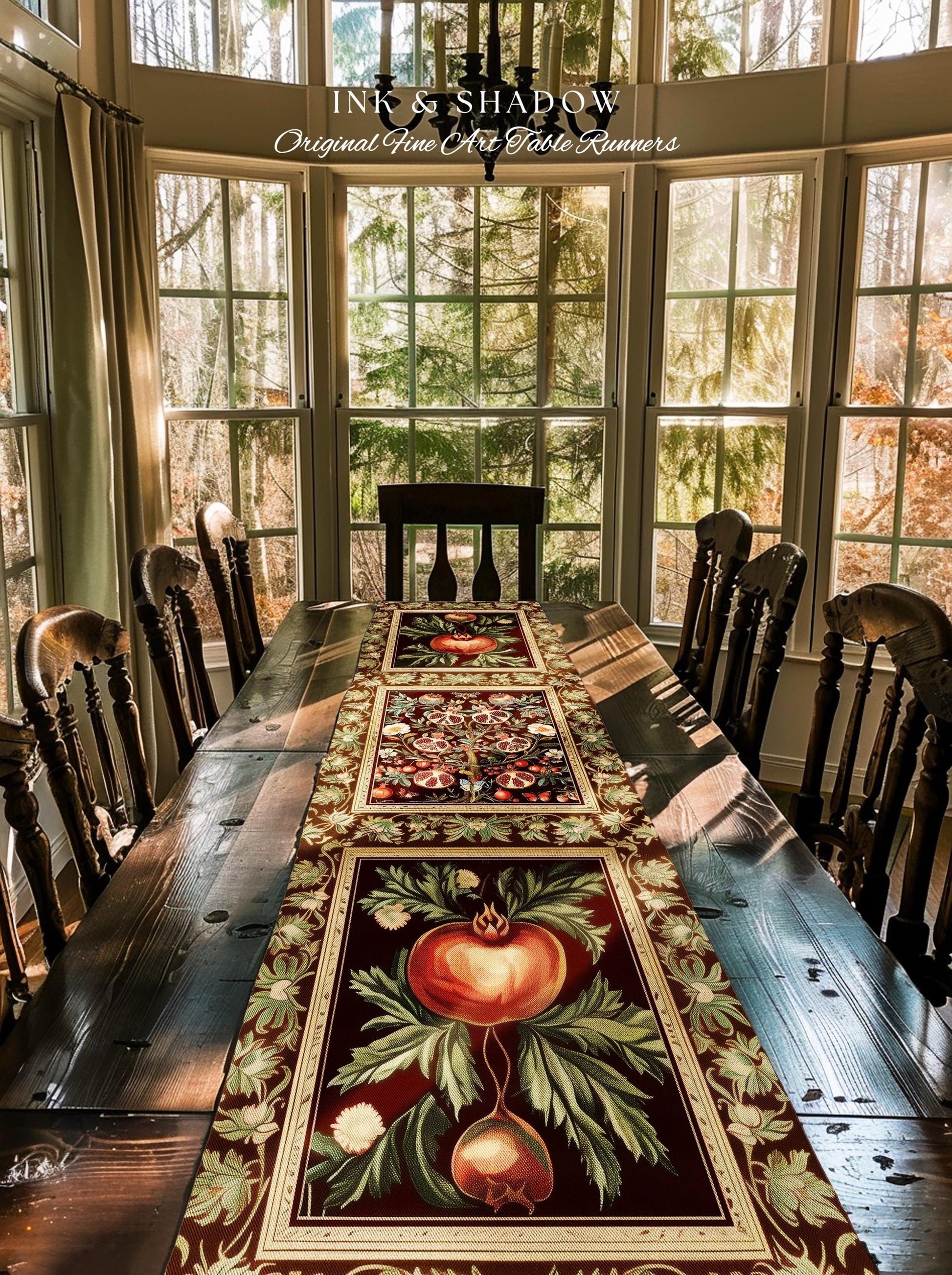 Antique Aesthetic Pomegranate Enchanted Garden Table Runner | Dark Cottagecore Gothic Woodland Whimsy Floral Butterfly Moth Decor Witchy |