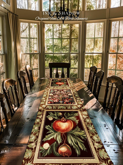 Antique Aesthetic Pomegranate Enchanted Garden Table Runner | Dark Cottagecore Gothic Woodland Whimsy Floral Butterfly Moth Decor Witchy |