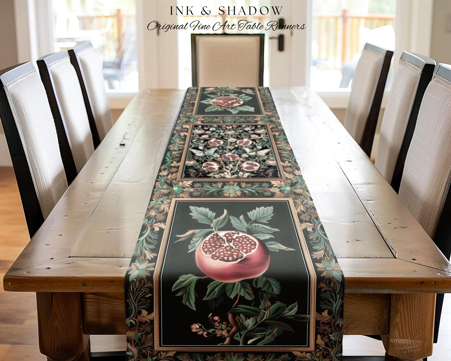 Mystical Pomegranate Forestcore Design Table Runner Whimsical Nature Inspired Botanical Cottagecore Decor, Vintage Woodland Gothic Aesthetic