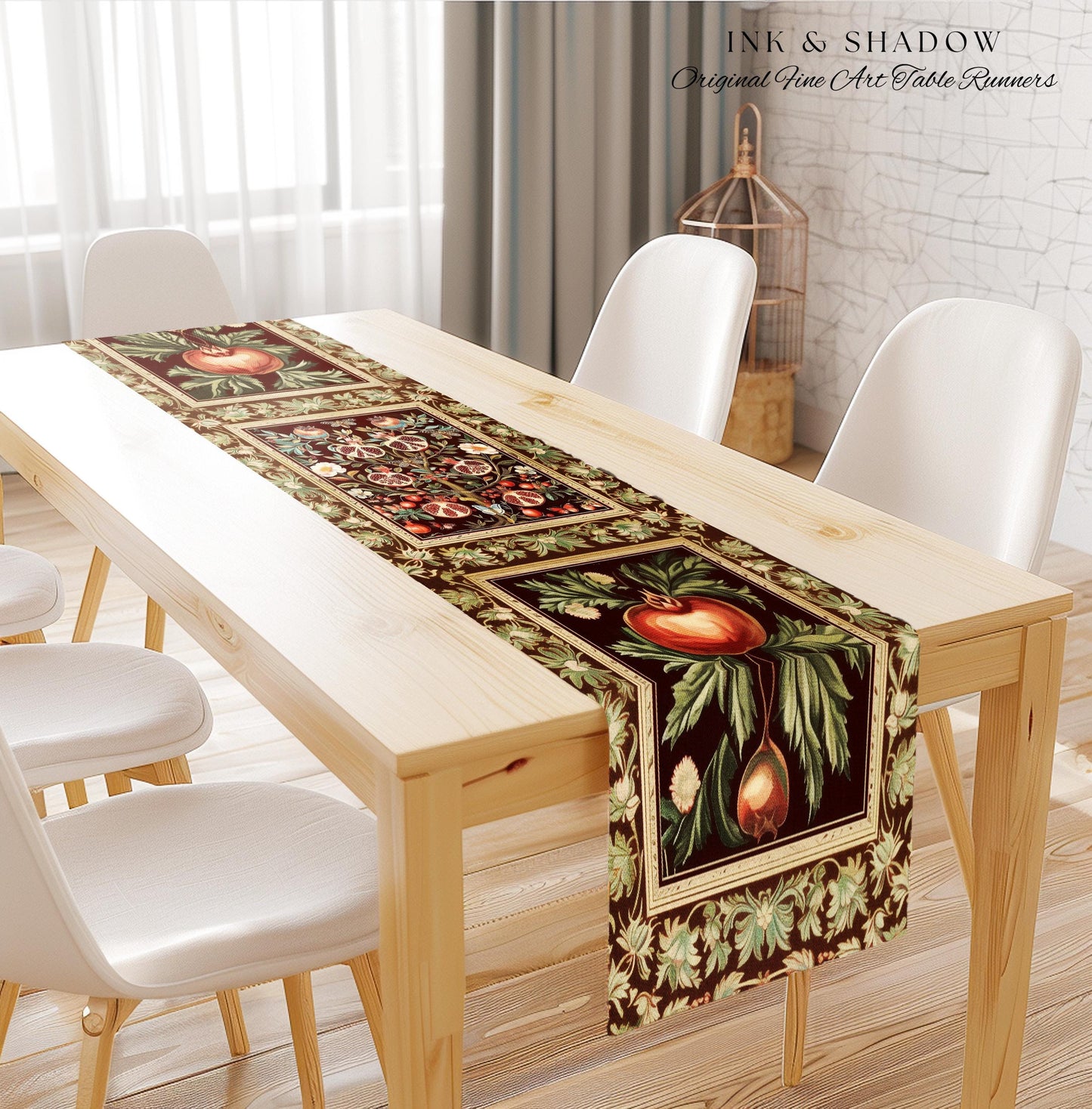 Antique Aesthetic Pomegranate Enchanted Garden Table Runner | Dark Cottagecore Gothic Woodland Whimsy Floral Butterfly Moth Decor Witchy |