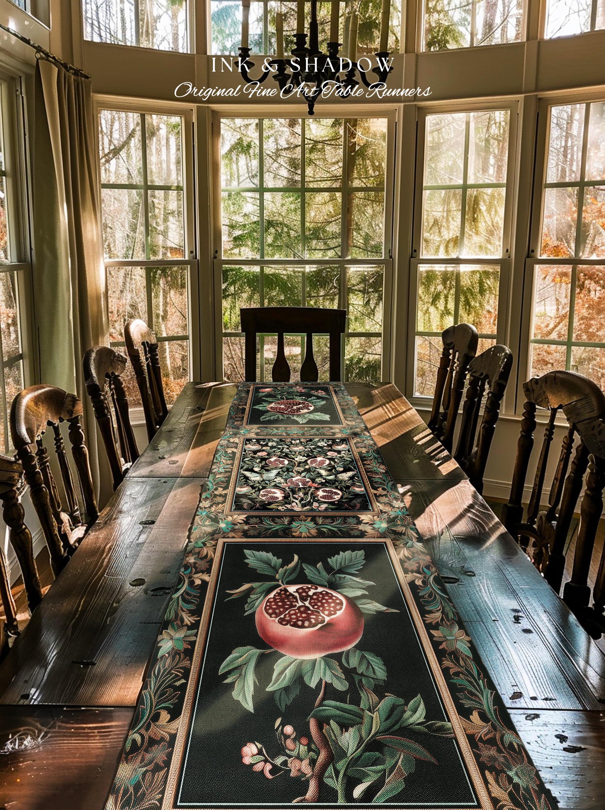 Mystical Pomegranate Forestcore Design Table Runner Whimsical Nature Inspired Botanical Cottagecore Decor, Vintage Woodland Gothic Aesthetic