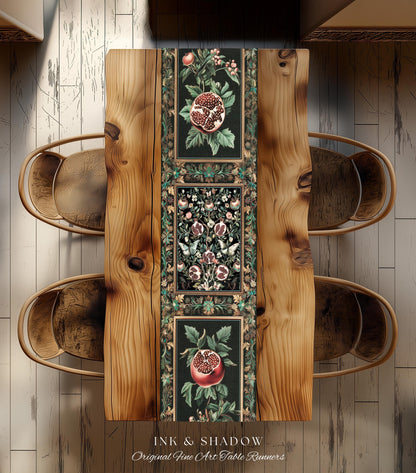 Mystical Pomegranate Forestcore Design Table Runner Whimsical Nature Inspired Botanical Cottagecore Decor, Vintage Woodland Gothic Aesthetic