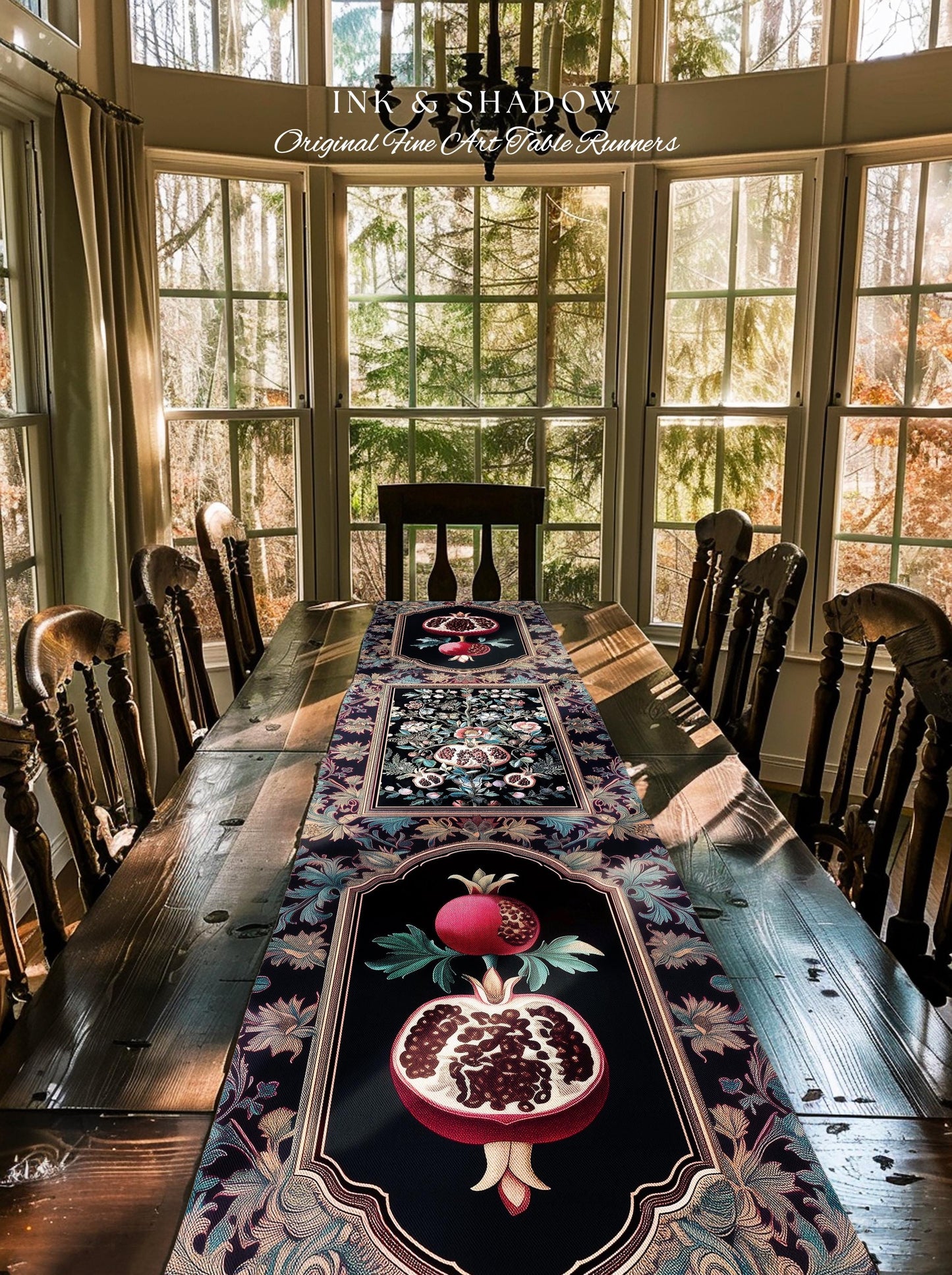 Witchy Dark Academia Pomegranate Table Runner Whimsigothic Floral Home Decor, Enchanted Cottagecore Aestheitc Victorian Gothic Nature Accent