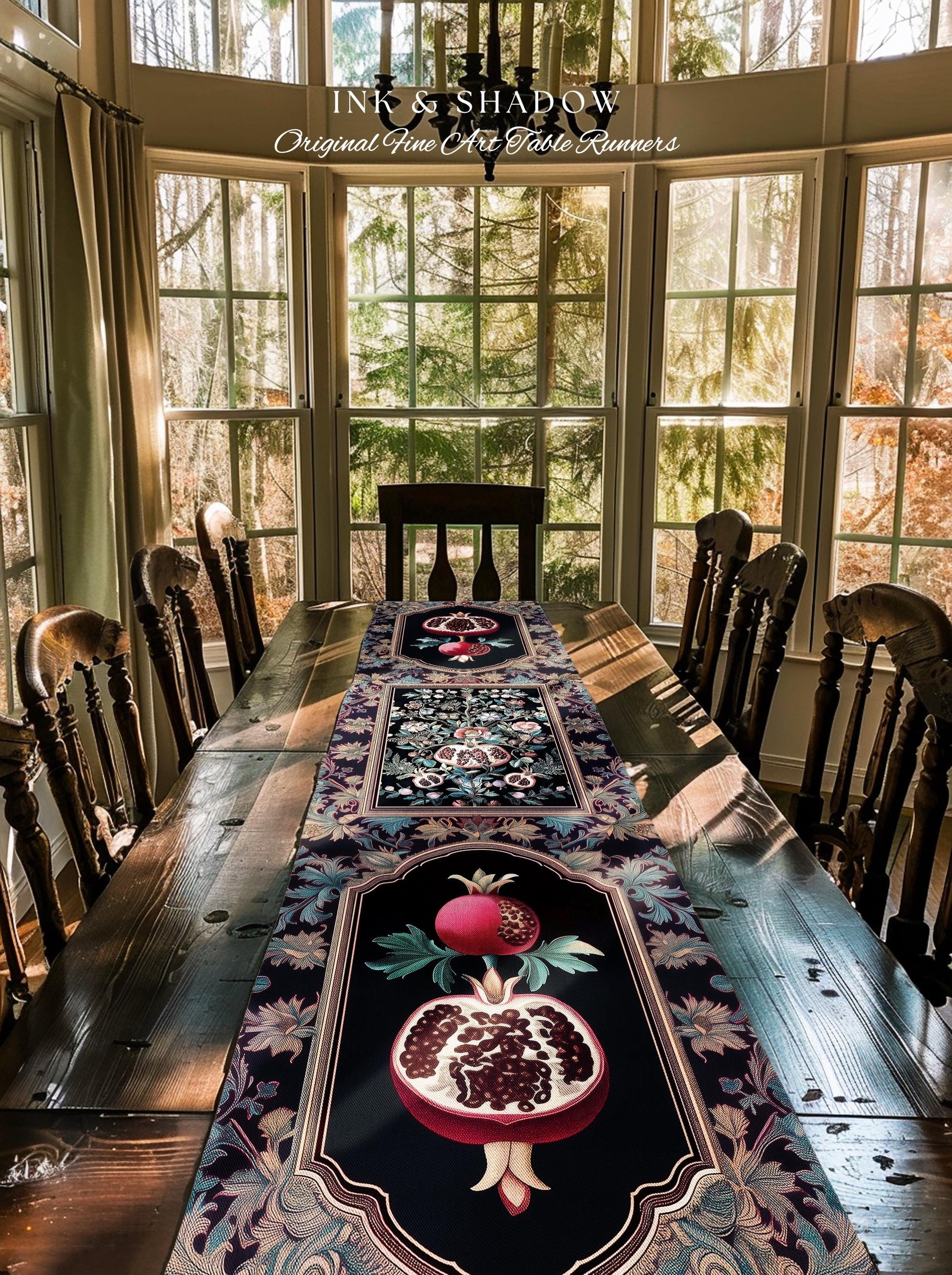 Witchy Dark Academia Pomegranate Table Runner Whimsigothic Floral Home Decor, Enchanted Cottagecore Aestheitc Victorian Gothic Nature Accent