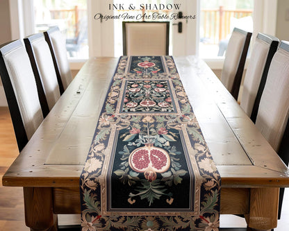 Baroque Botanical Pomegranate Table Runner | Dark Floral Whimsigoth Butterfly Nature Dining Room Cottagecore Medieval Style Fairycore Style