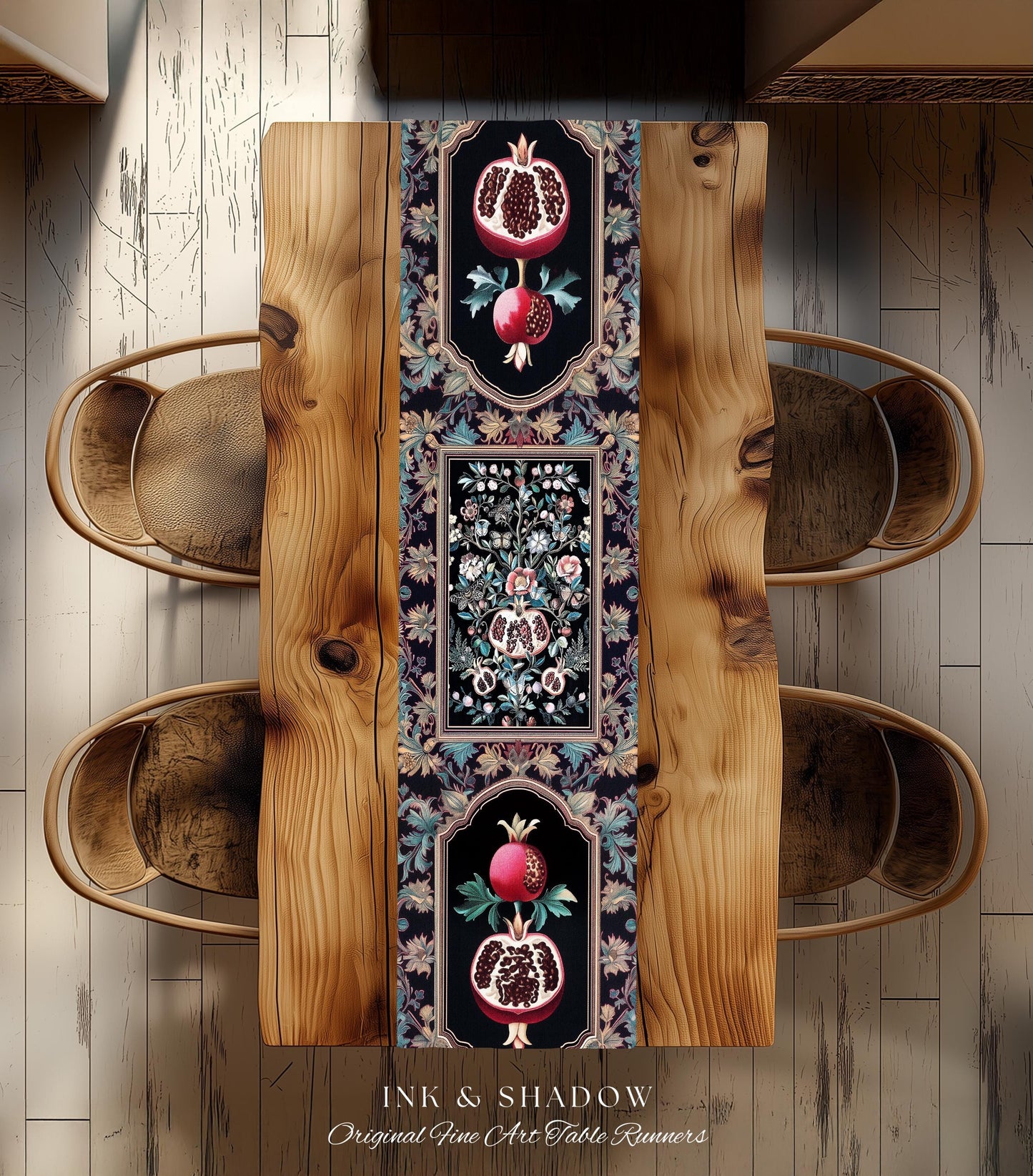 Witchy Dark Academia Pomegranate Table Runner Whimsigothic Floral Home Decor, Enchanted Cottagecore Aestheitc Victorian Gothic Nature Accent
