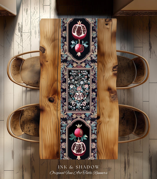 Witchy Dark Academia Pomegranate Table Runner Whimsigothic Floral Home Decor, Enchanted Cottagecore Aestheitc Victorian Gothic Nature Accent