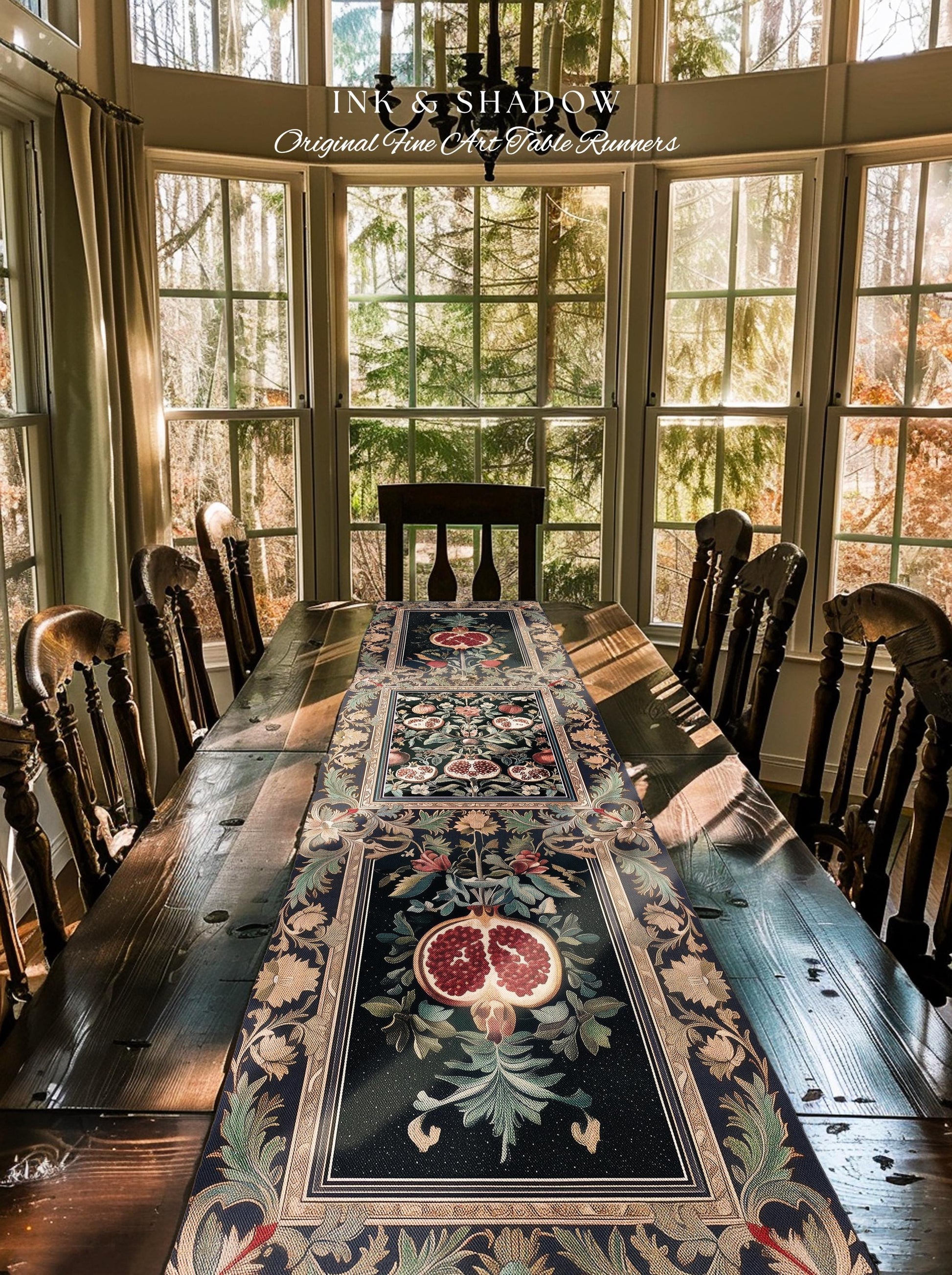 Baroque Botanical Pomegranate Table Runner | Dark Floral Whimsigoth Butterfly Nature Dining Room Cottagecore Medieval Style Fairycore Style