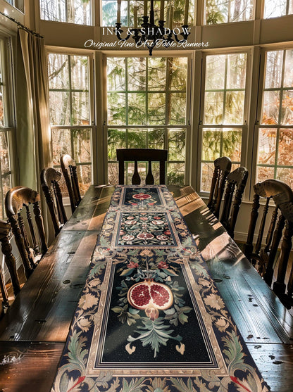 Baroque Botanical Pomegranate Table Runner | Dark Floral Whimsigoth Butterfly Nature Dining Room Cottagecore Medieval Style Fairycore Style