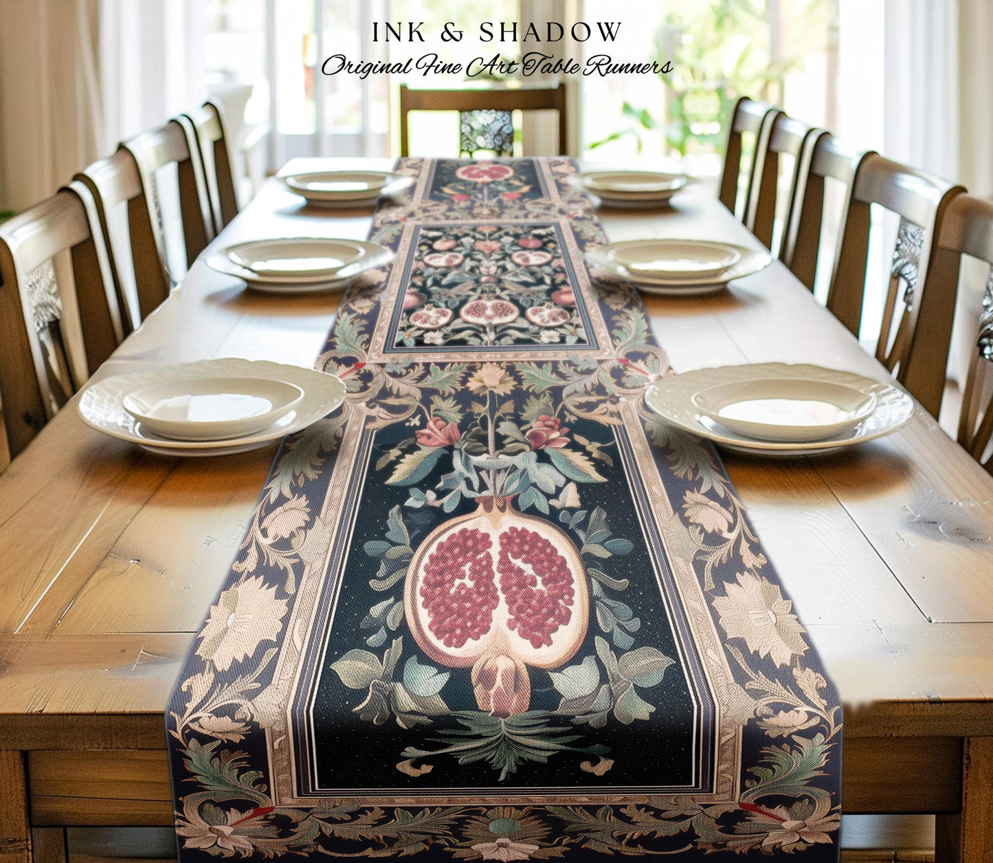 Baroque Botanical Pomegranate Table Runner | Dark Floral Whimsigoth Butterfly Nature Dining Room Cottagecore Medieval Style Fairycore Style