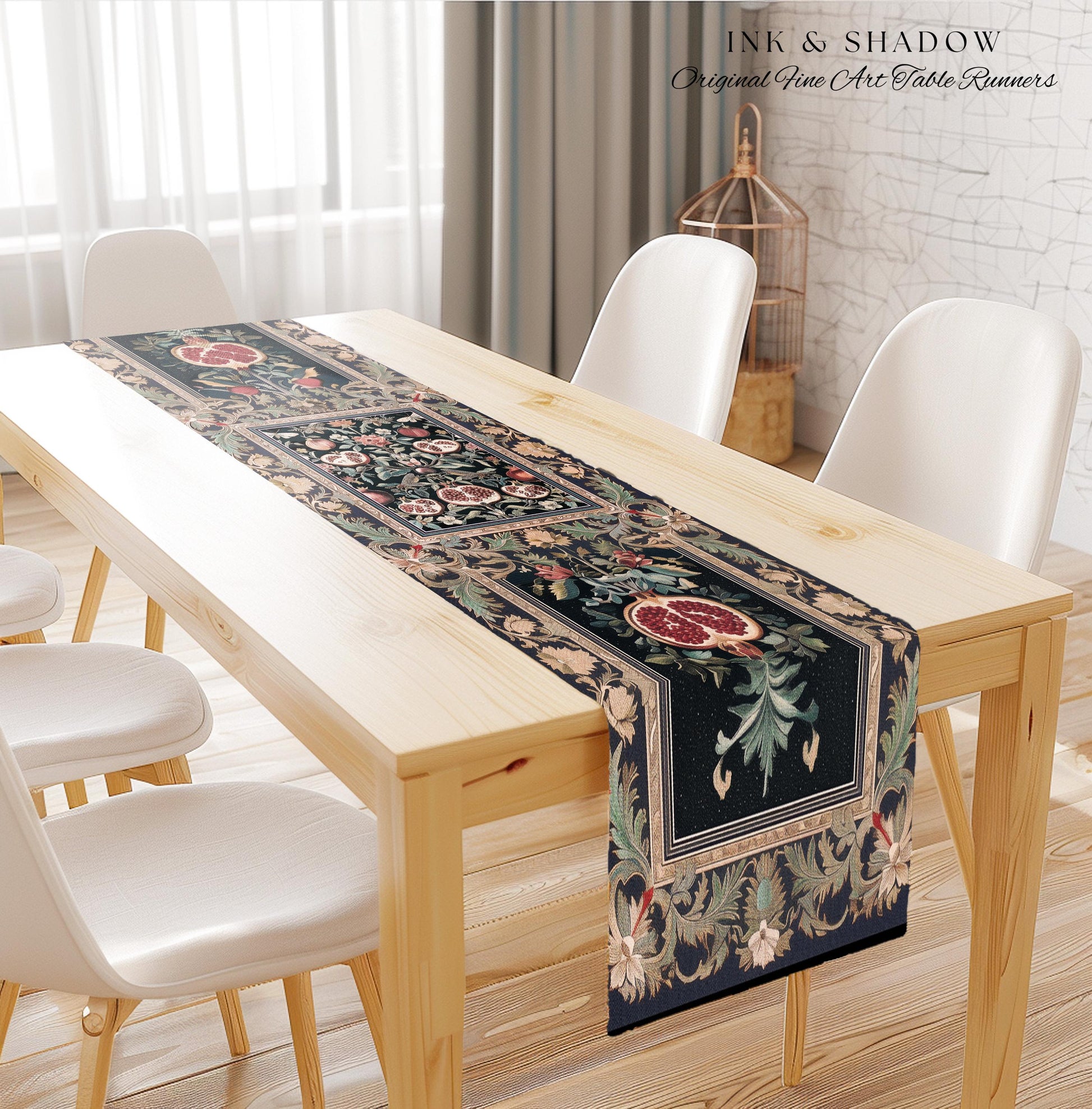 Baroque Botanical Pomegranate Table Runner | Dark Floral Whimsigoth Butterfly Nature Dining Room Cottagecore Medieval Style Fairycore Style