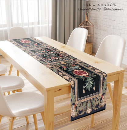 Baroque Botanical Pomegranate Table Runner | Dark Floral Whimsigoth Butterfly Nature Dining Room Cottagecore Medieval Style Fairycore Style