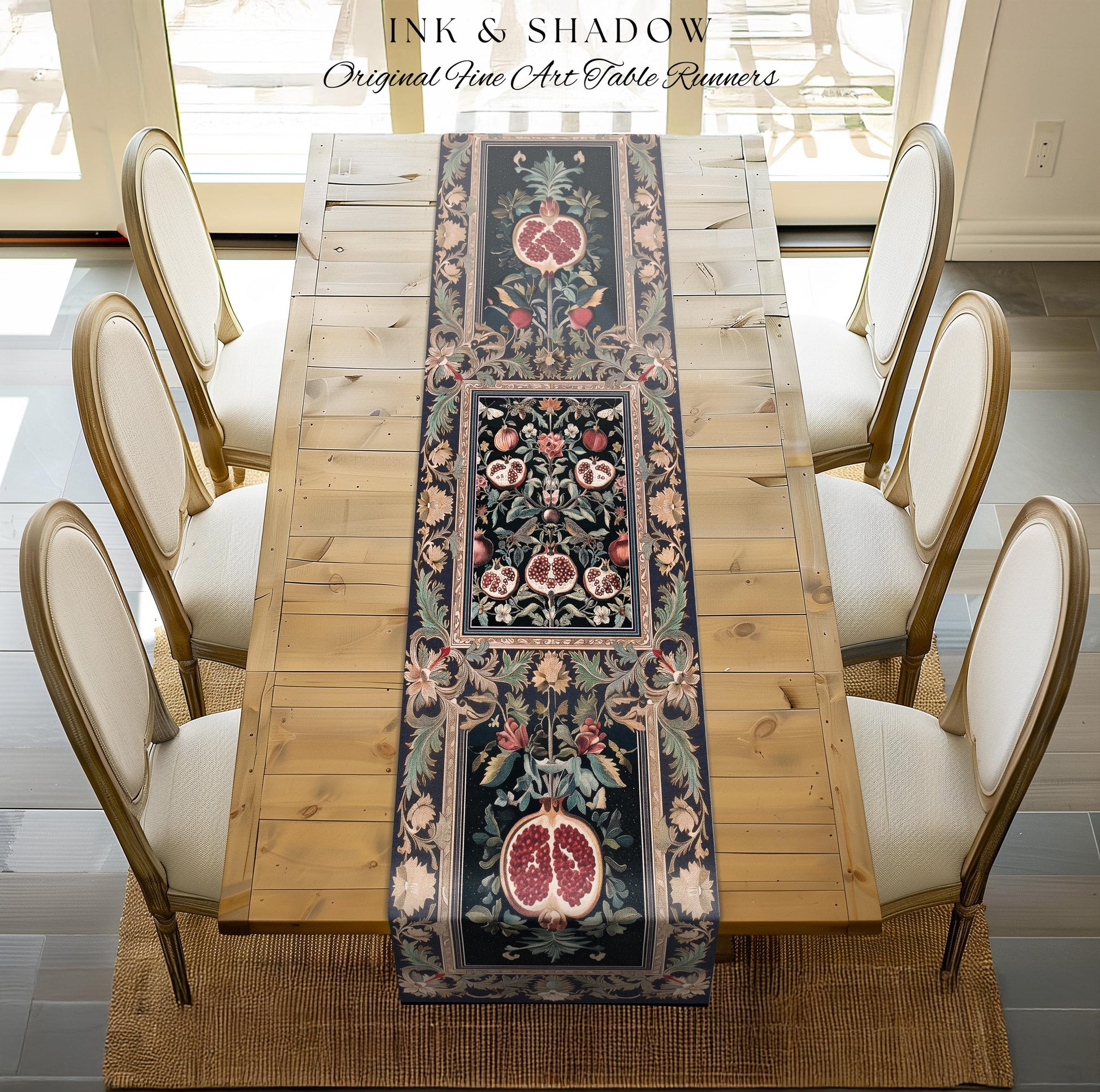Baroque Botanical Pomegranate Table Runner | Dark Floral Whimsigoth Butterfly Nature Dining Room Cottagecore Medieval Style Fairycore Style