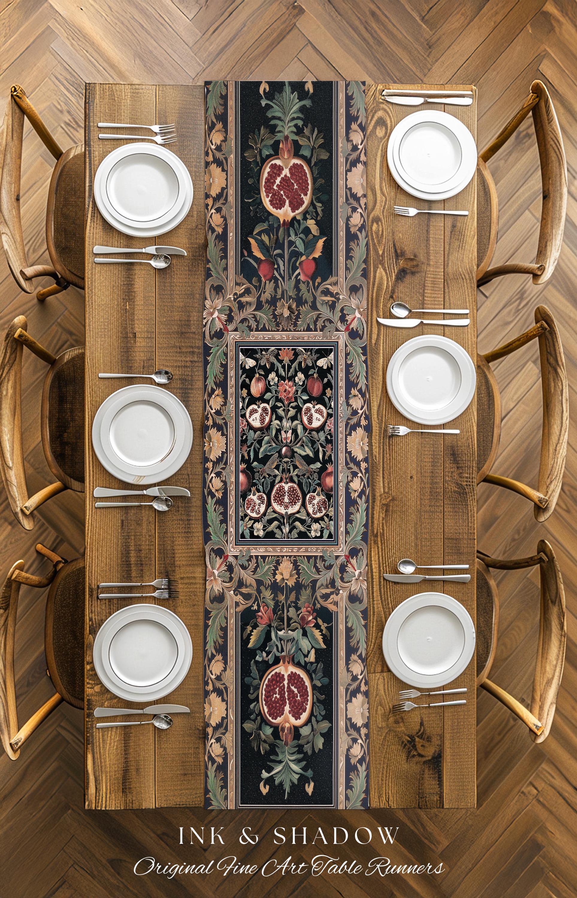 Baroque Botanical Pomegranate Table Runner | Dark Floral Whimsigoth Butterfly Nature Dining Room Cottagecore Medieval Style Fairycore Style