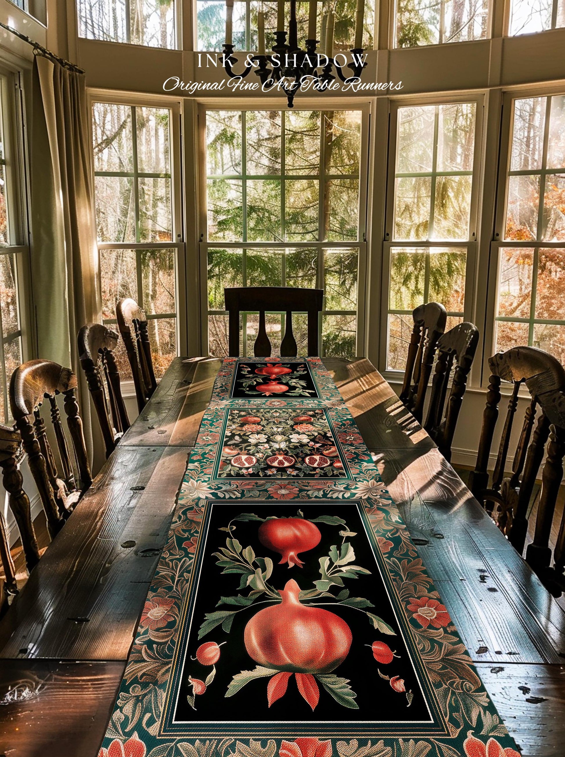 Bohemian Art Nouveau Style Mystic Fairy Grunge Forestcore Pomegranate Table Runner, Ethereal Woodland Floral Botanical Butterfly Dining Room