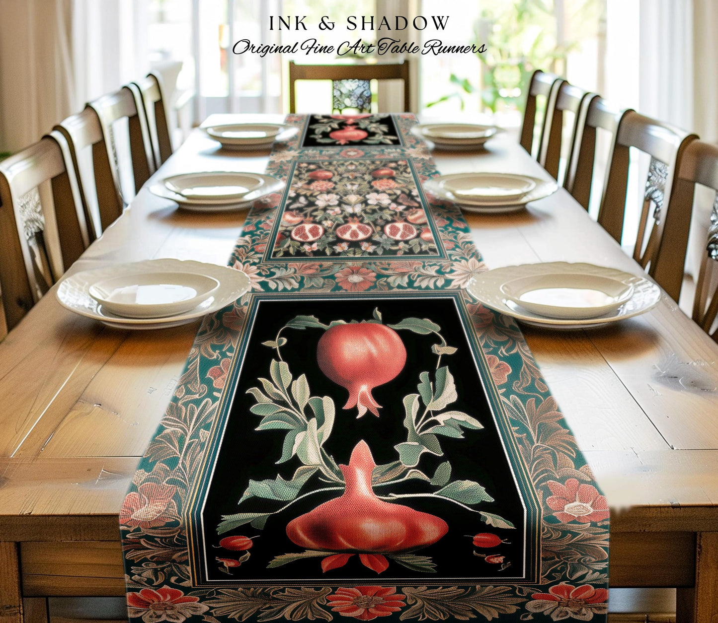 Bohemian Art Nouveau Style Mystic Fairy Grunge Forestcore Pomegranate Table Runner, Ethereal Woodland Floral Botanical Butterfly Dining Room