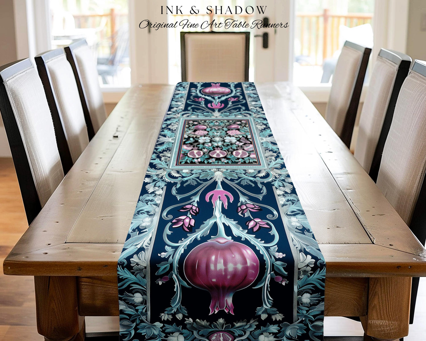 Bohemian Art Nouveau Style Mystic Fairy Grunge Forestcore Pomegranate Table Runner, Ethereal Woodland Floral Botanical Butterfly Dining Room