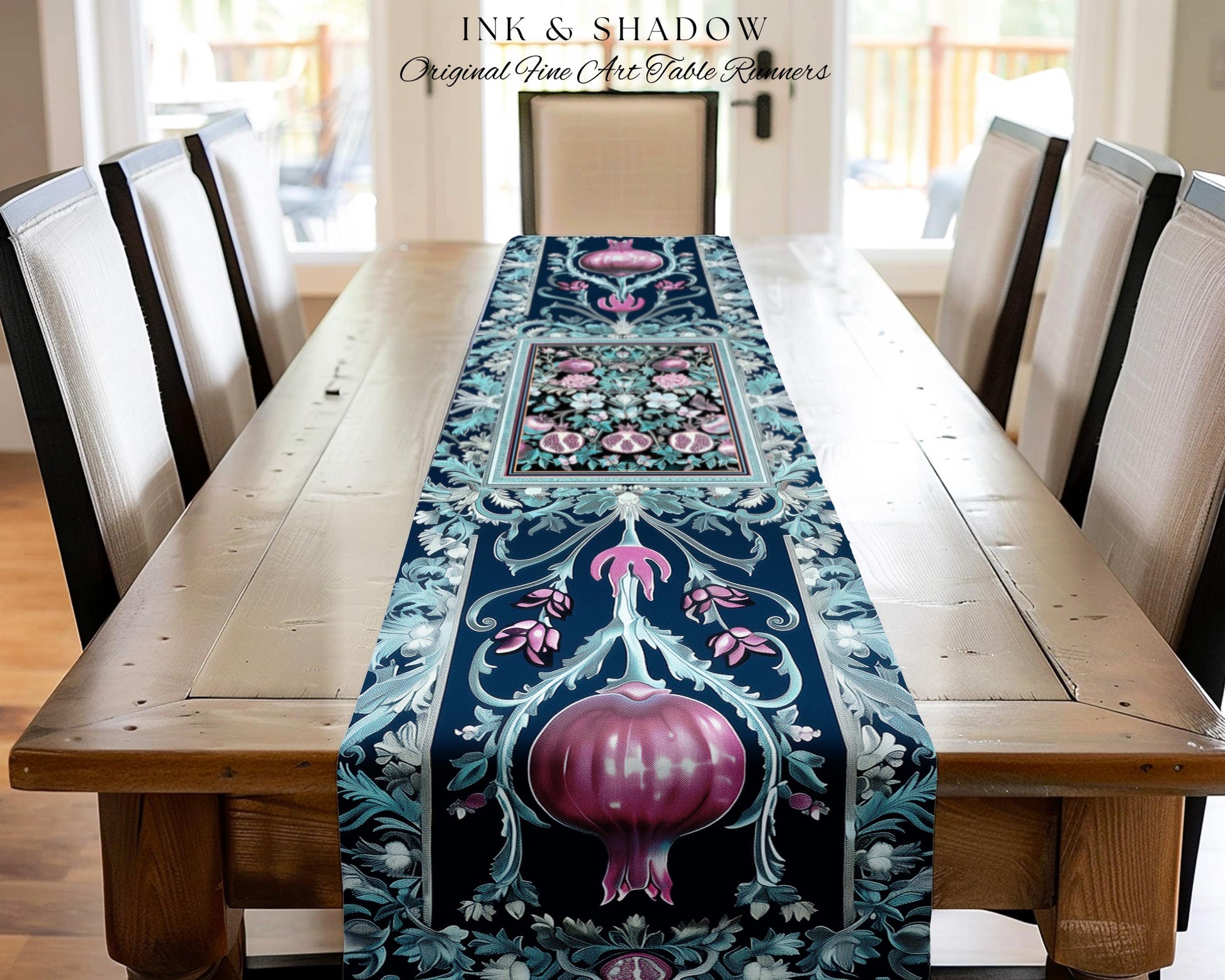 Bohemian Art Nouveau Style Mystic Fairy Grunge Forestcore Pomegranate Table Runner, Ethereal Woodland Floral Botanical Butterfly Dining Room