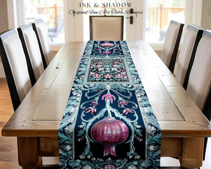 Bohemian Art Nouveau Style Mystic Fairy Grunge Forestcore Pomegranate Table Runner, Ethereal Woodland Floral Botanical Butterfly Dining Room
