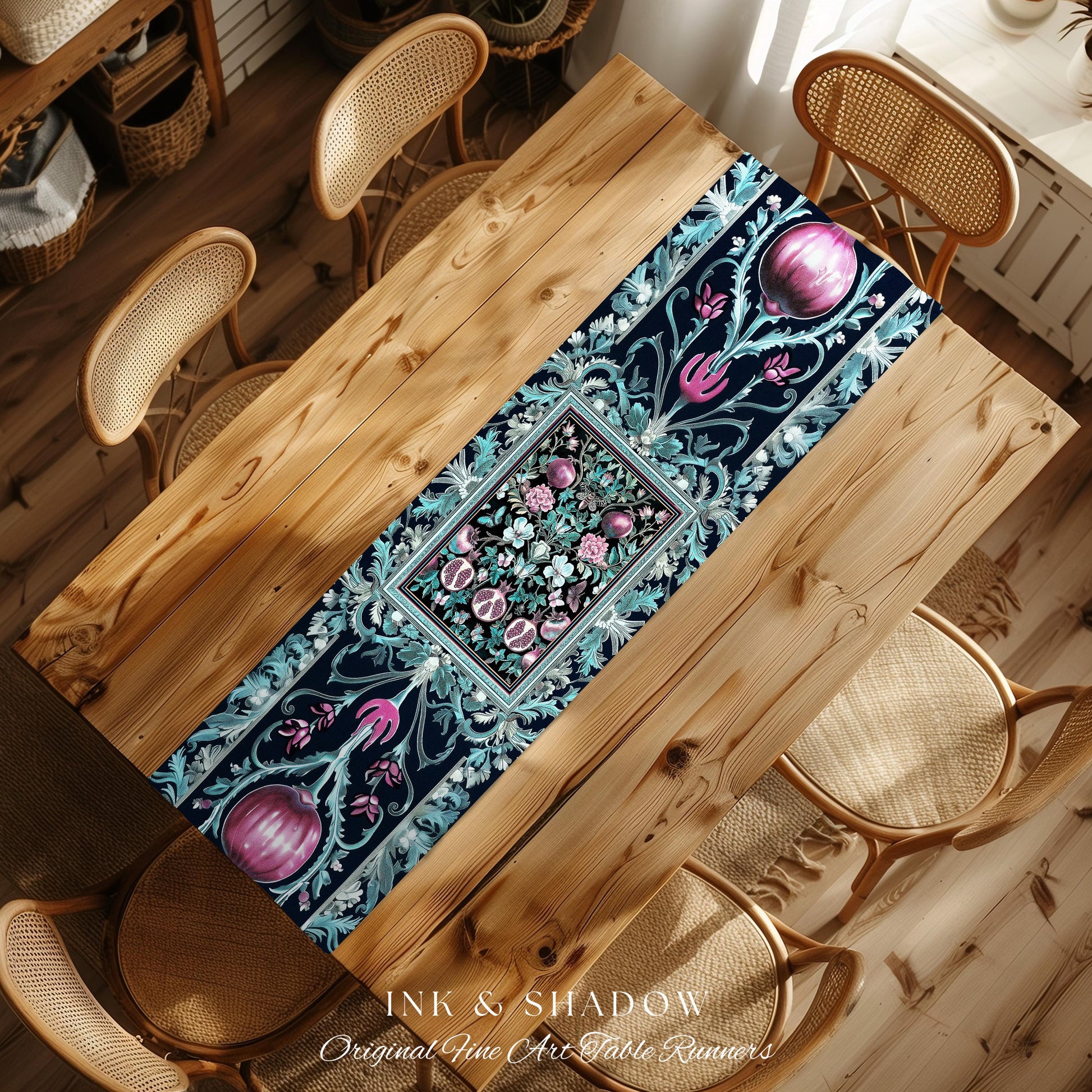 Bohemian Art Nouveau Style Mystic Fairy Grunge Forestcore Pomegranate Table Runner, Ethereal Woodland Floral Botanical Butterfly Dining Room