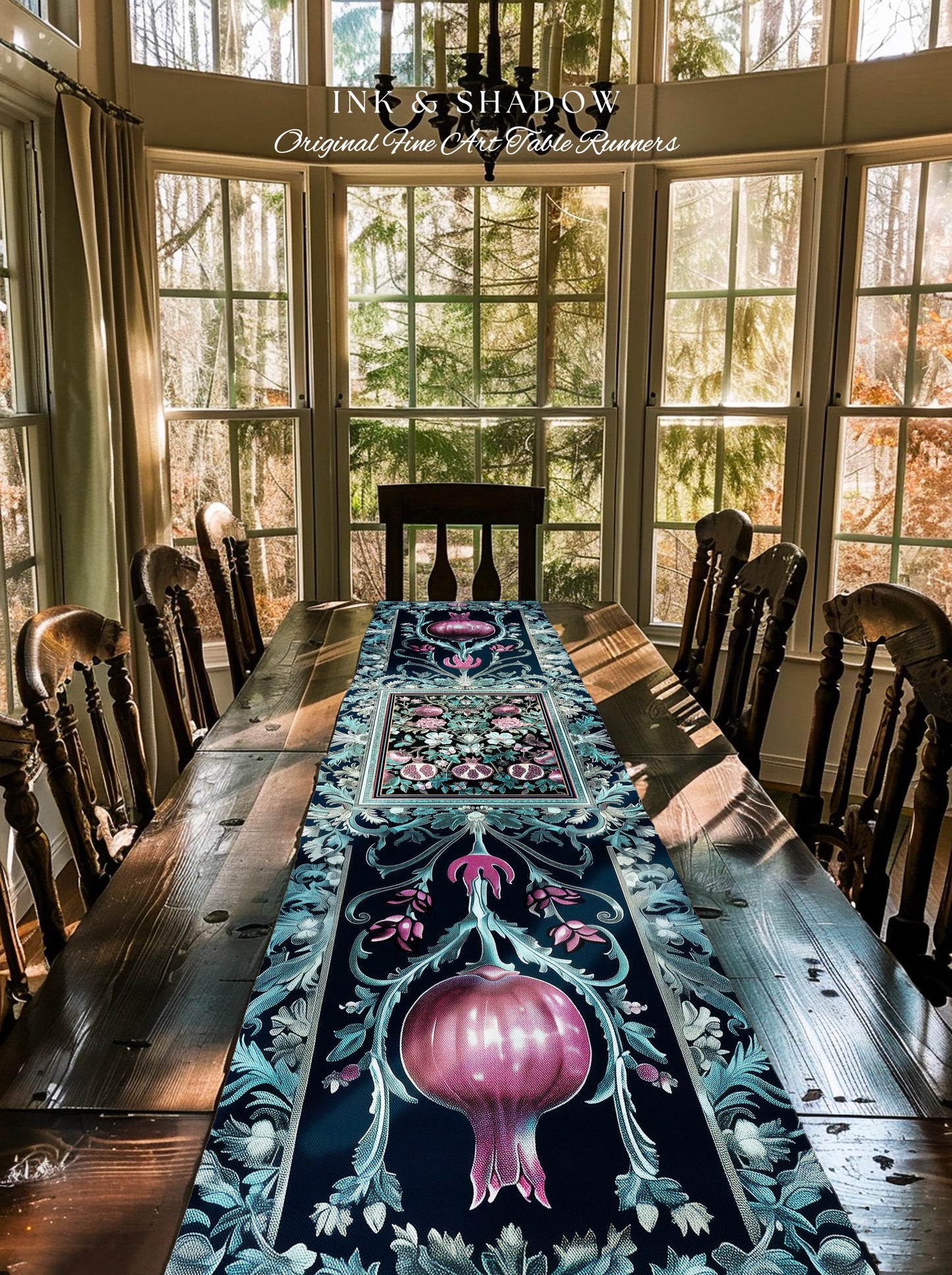 Bohemian Art Nouveau Style Mystic Fairy Grunge Forestcore Pomegranate Table Runner, Ethereal Woodland Floral Botanical Butterfly Dining Room